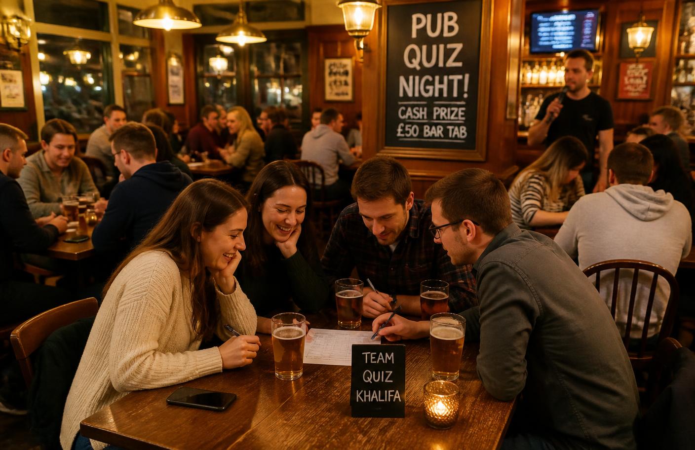 Lag som spelar quiz vid ett bord på pub