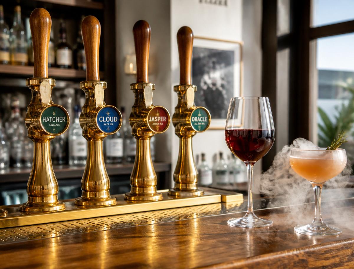 Fyra mässingskranar, ett glas rödvin och en cocktail i baren