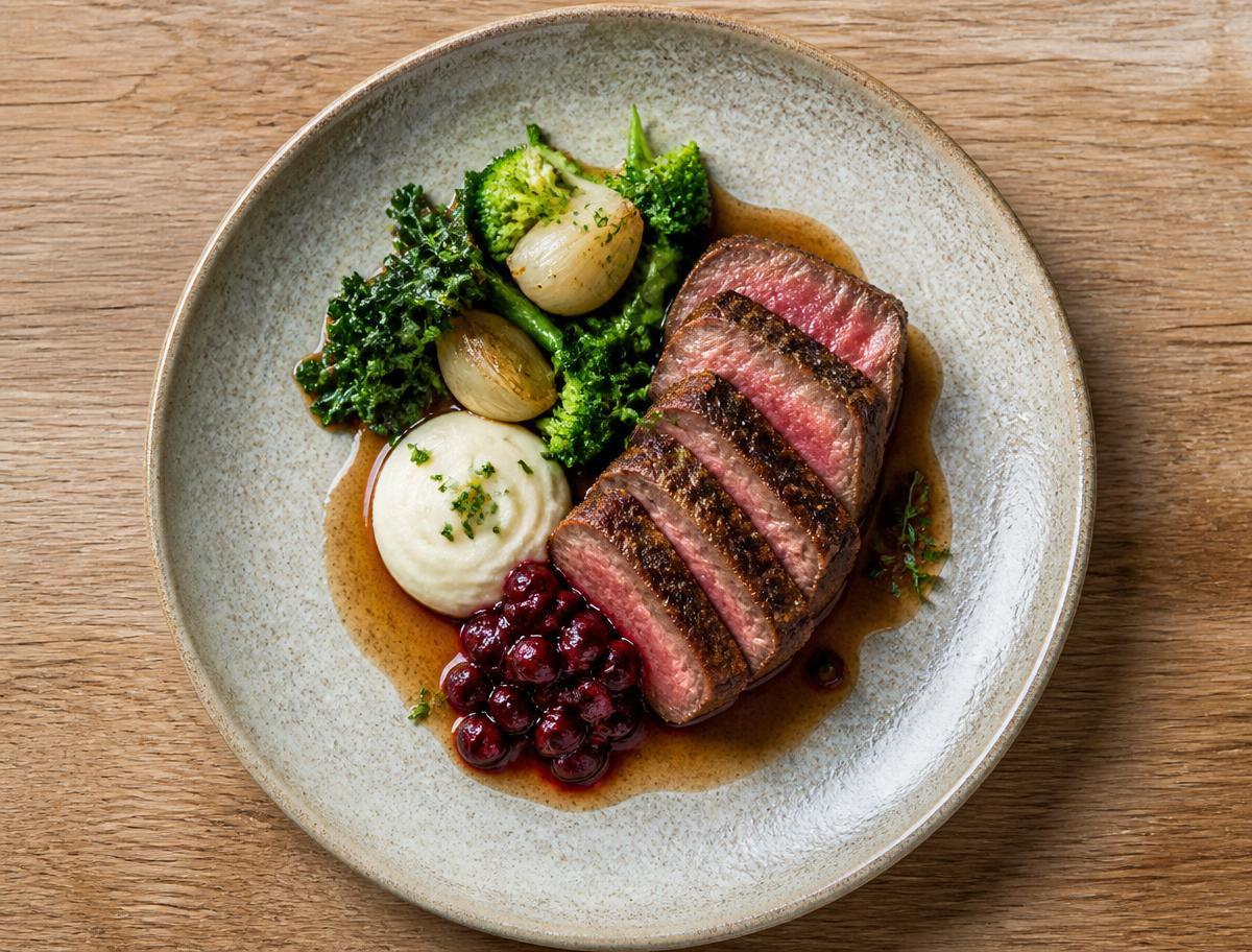 Varmrätt med potatispuré, lingon och grönsaker på Vita Frun